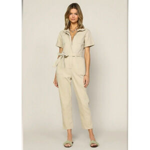 Skies Are Blue Short Sleeve Denim Khaki Jumpsuit Utility Style Boho Preppy